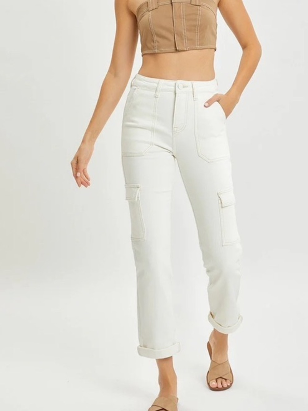 Risen Jeans High Rise Roll Up Cargo Slim Straight Pocket Cream Women’s Size 7/28